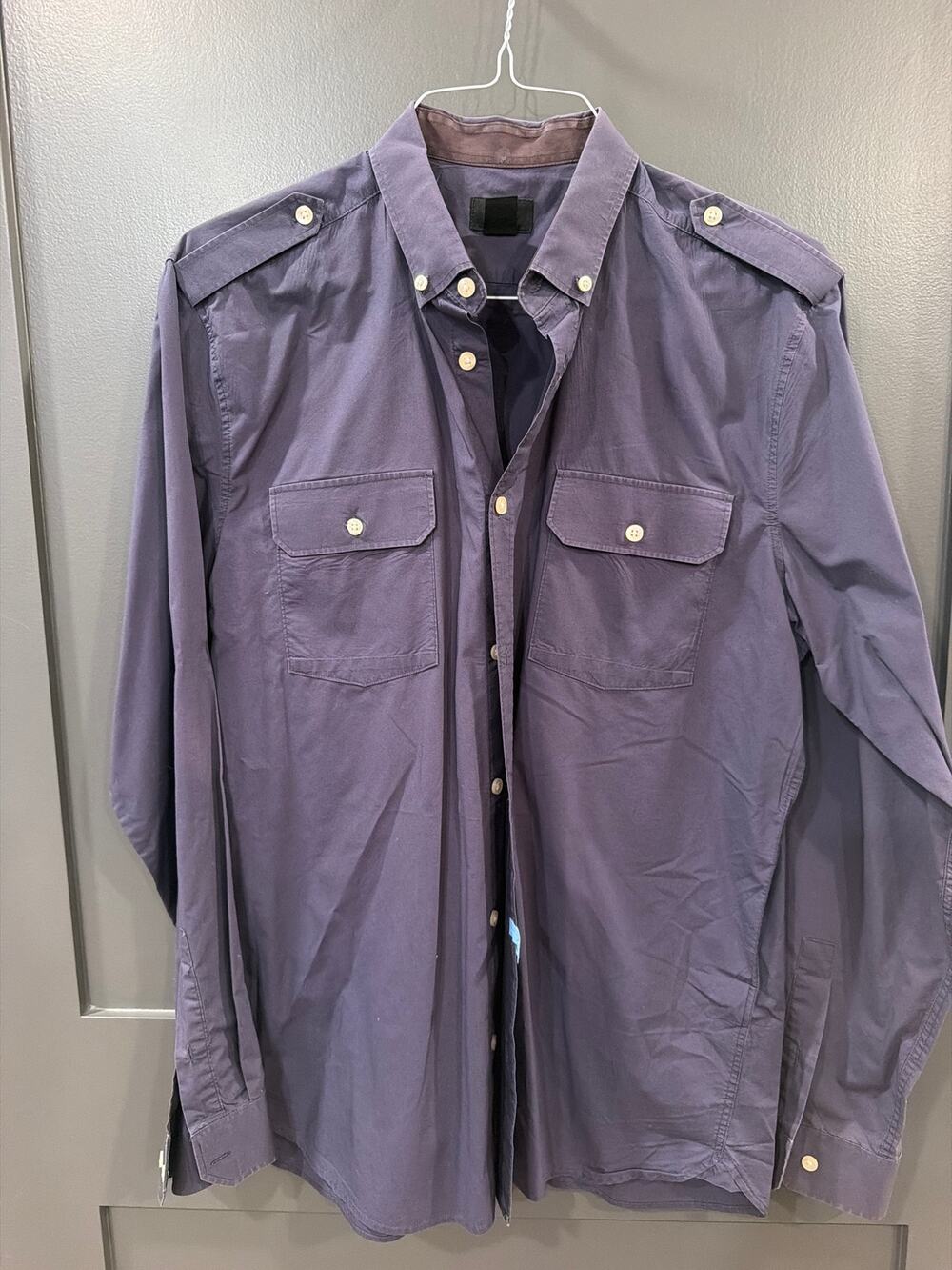 H&M Long-Sleeve Button Up Dress Shirt navy Solid pockets